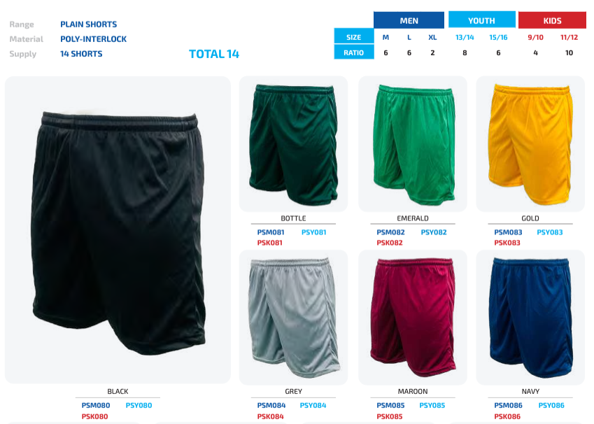 Soccer plain Shorts range set of 14