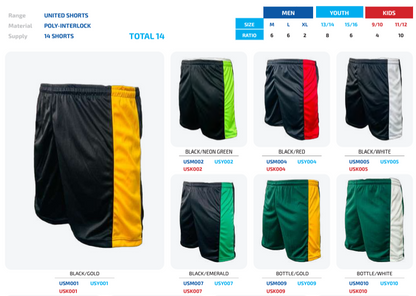 The United Soccer Shorts range 14pce