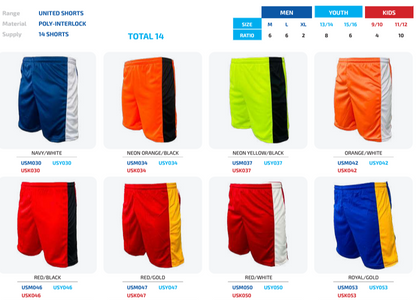 The United Soccer Shorts range 14pce